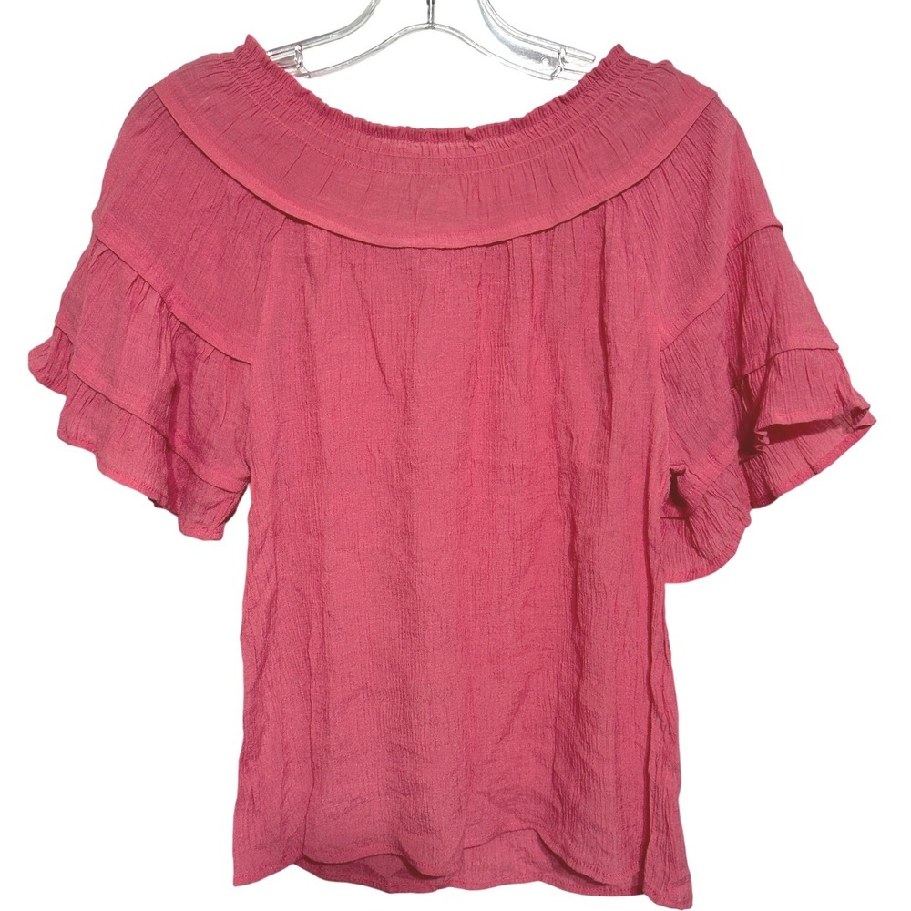 Nanette Lepore Blouse Smocked Ruffle Flutter Sleeve Crinkle Coastal Boho Pink S
